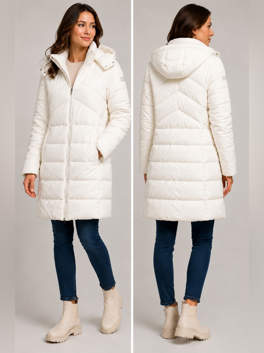 Bench Cream Long Puffer Coat Removable Hood Women’s Large NWT